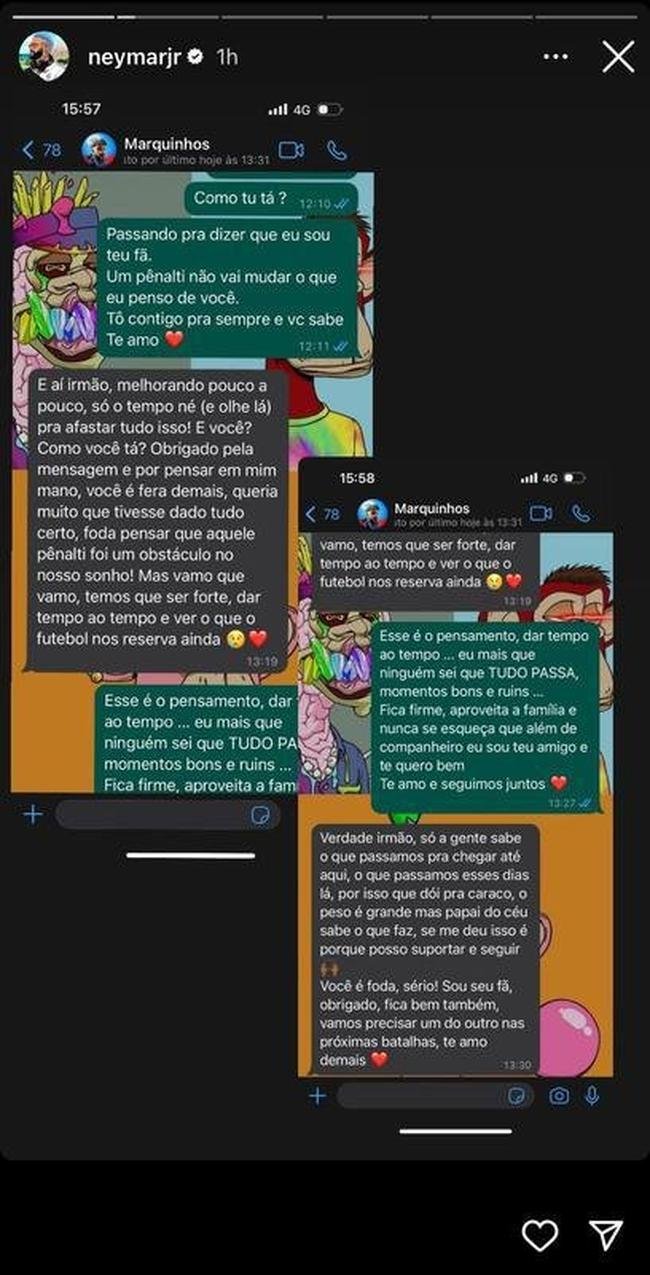 Neymar exps conversas com Marquinhos e Thiago Silva, e logo depois exaltou grupo da Seleo Brasileira que foi eliminado na Copa do Mundo para a Crocia