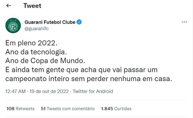 Guarani usou as redes sociais para provocar o Cruzeiro