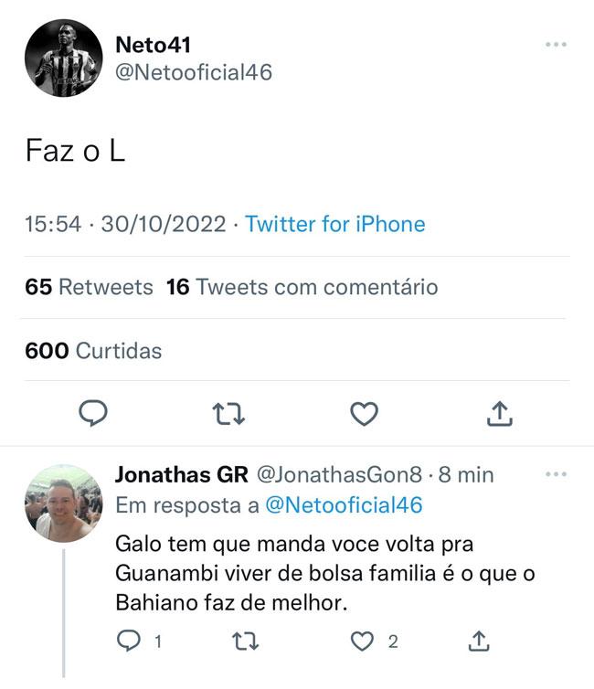 Ofensa xenofbica contra Neto feita por um seguidor no Twitter