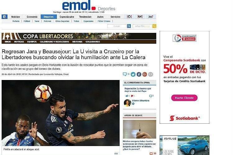 Emol: 'Com Jara e Beausejour de volta,  La visita o Cruzeiro buscando esquecer a humilhao ante o La Calera Os Azuis jogam em BH com a esperana de resgatar pontos que lhes permitiro continuar na zona de classificao em seu grupo do torneio'