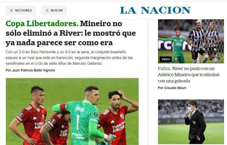 La Nacin - Jornal destacou ainda que o River j no  o mesmo. Goleada para o Atltico no Mineiro exps um time em transio.