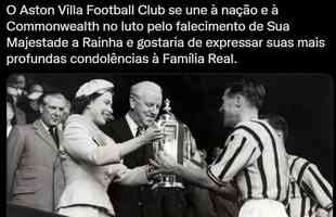 Postagem do Aston Villa - O Aston Villa Football Club se une  nao e  Commonwealth no luto pelo falecimento de Sua Majestade a Rainha e gostaria de expressar suas mais profundas condolncias  Famlia Real.