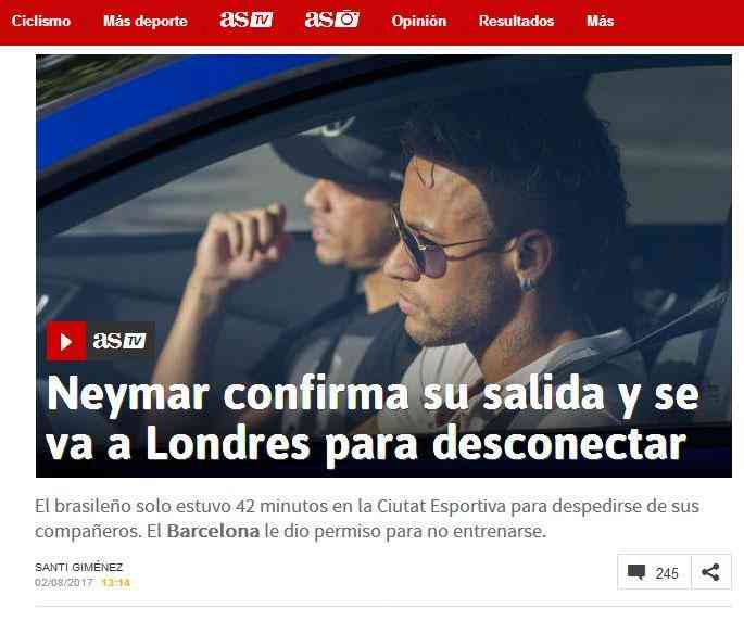Jornal As destaca que Neymar confirmou sua sada do Bara