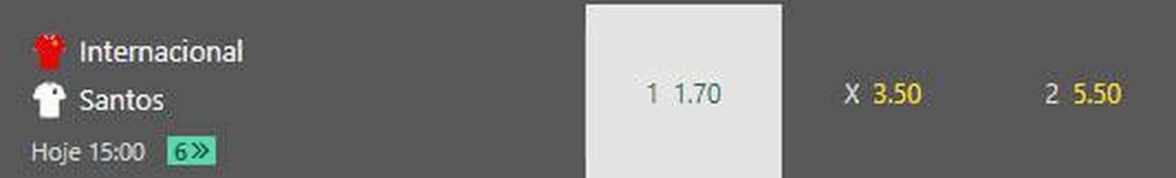 Internacional vence Santos (odd 1.70) - Depois de empatar em casa com o Bragantino, o Internacional perdeu a vice-liderana do Campeonato Brasileiro. O Colorado precisa da vitria para seguir sonhando com o ttulo e ficar mais perto de garantir vaga na Copa Libertadores. J o Santos, que  um visitante ruim no Brasileiro, com apenas duas vitrias, precisa do triunfo no Sul para seguir sonhando em voltar  Copa Libertadores.