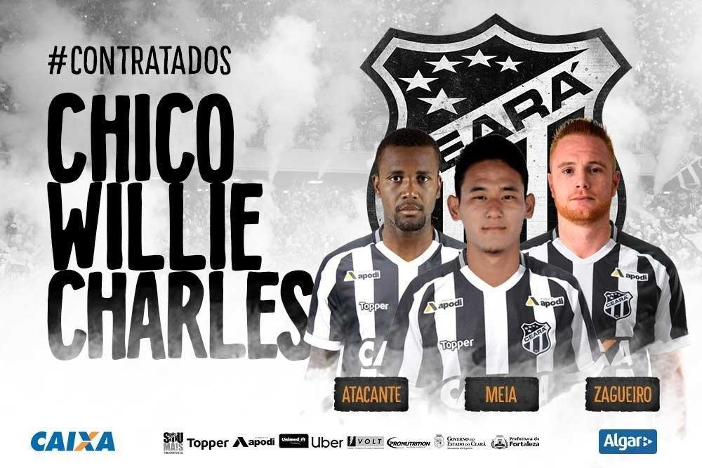 Pacote triplo! O Cear anunciou as contrataes do atacante Willie, que estava no Servette, da Sua, do meia Chico, que estava no Pohang Steelers, da Coreia do Sul e do zagueiro Charles, que disputou a ltima Srie A pelo Paran. 