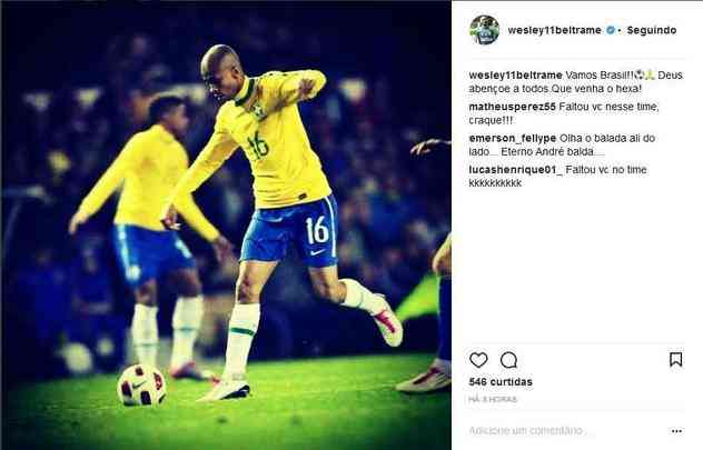 Wesley publicou uma foto de quando vestia a camisa da Seleo e desejou sorte ao Brasil na Copa