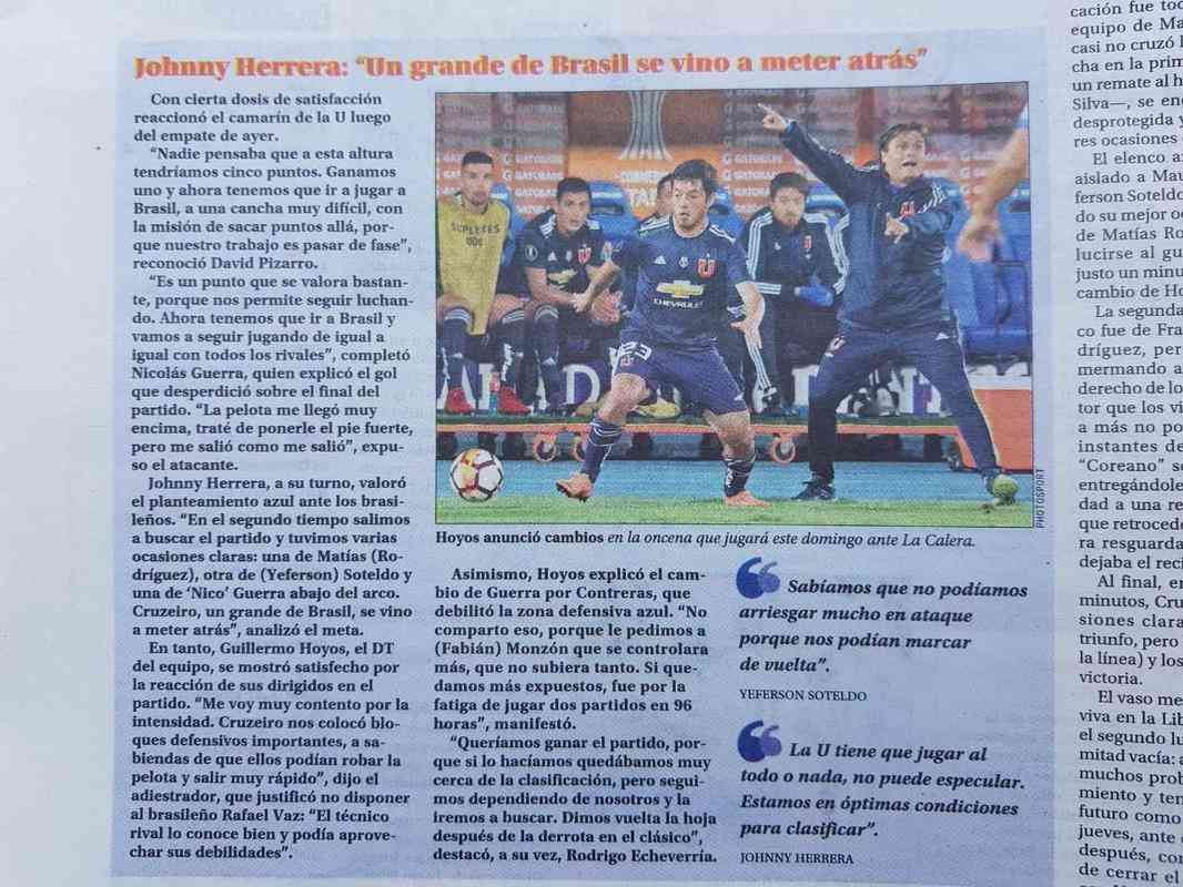 Jornal El Mercurio destaca a opinio de Johnny Herrerra sobre o jogo: 'Um grande do Brasil veio para jogar atrs'
