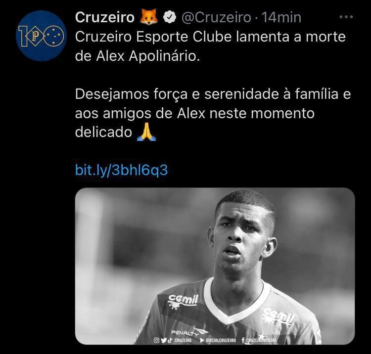 O Cruzeiro tambm se manifestou em suas redes sociais sobre a morte do ex-jogador do clube. Na mensagem, a Raposa desejou fora  famlia de Alex Apolinrio. 