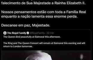 Postagem do Fulham - O Fulham FC est profundamente triste com o falecimento de Sua Majestade a Rainha Elizabeth II. Nossos pensamentos esto com toda a Famlia Real enquanto a nao lamenta essa enorme perda. Descanse em paz, Majestade.