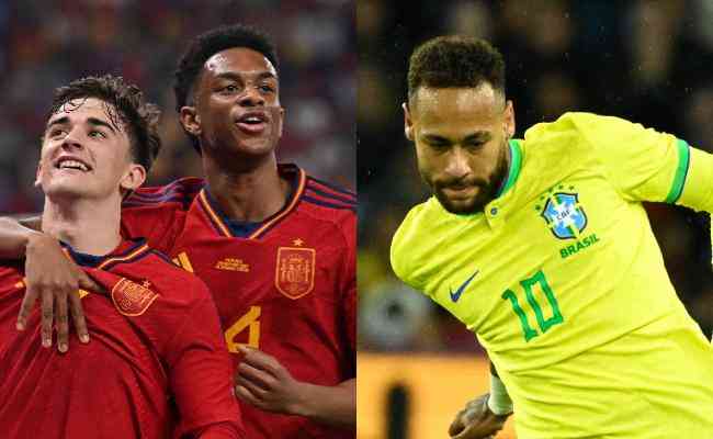Gavi e Ansu Fati, meia e atacante da Espanha; Neymar, atacante do Brasil