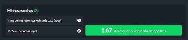 Denver Broncos vence Houston Texans e marca mais de 25,5 pontos (odd 1.67) - Aps perder na estreia fora de casa para o Seattle Seahawks, o Denver Broncos joga em casa contra o fraco Houston Texans, que empatou em casa com o Indianapolis Colts aps entrar no ltimo quarto vencendo por 20 a 3. O Denver Broncos  um time muito mais qualificado em relao ao adversrio. Para nossa aposta bater, a equipe precisa vencer e anotar pelo menos 26 pontos.