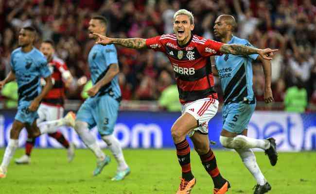 Pedro comemora o gol de empate do Flamengo na vitória contra o Athletico-PR