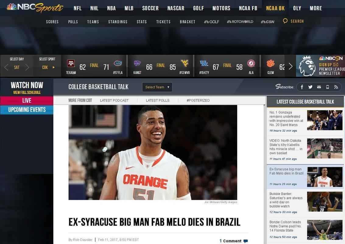 Rede de TV norte-americana NBC relatou morte do Big Man Fab Melo, gigante de 2,13m