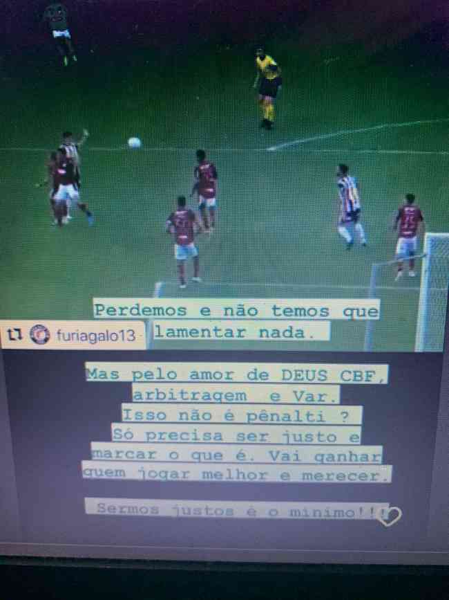 Striker Hulk used his Instagram account to question refereeing in the defeat against Flamengo