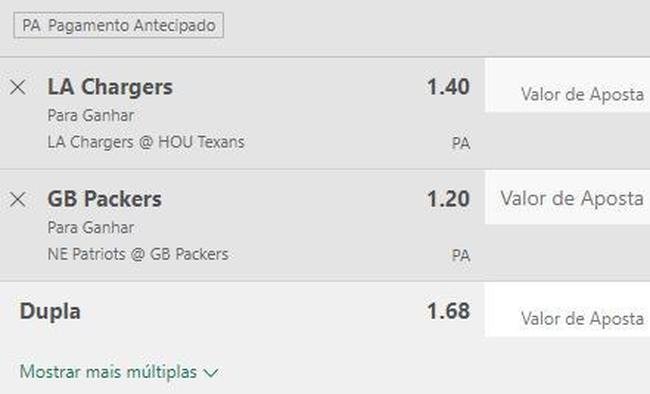 Chargers vence Texans, e Packers vence Patriots (odd 1.68) - No primeiro jogo,  o encontro de um dos ataques mais fortes da NFL contra uma das piores equipes. O Texans tem um empate e duas derrotas na temporada e  srio candidato a ter a pior campanha da liga. J na outra partida, o Packers, que vem de boa vitria sobre o Buccaneers, enfrenta o Patriots, que no ter Mac Jones, seu quarterback titular, lesionado.