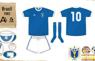 1982 - Arte conceitual do agora tradicional uniforme reserva em 1982, que no chegou a ser usado na Copa do Mundo