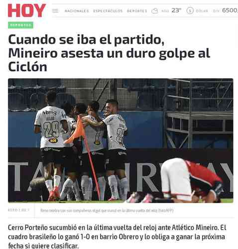 Hoy - 'Mineiro deu um duro golpe no Cerro'