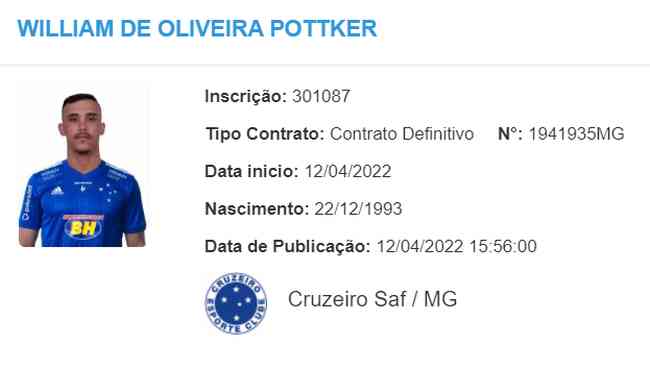 Novo contrato de William Pottker com o Cruzeiro publicado no BID