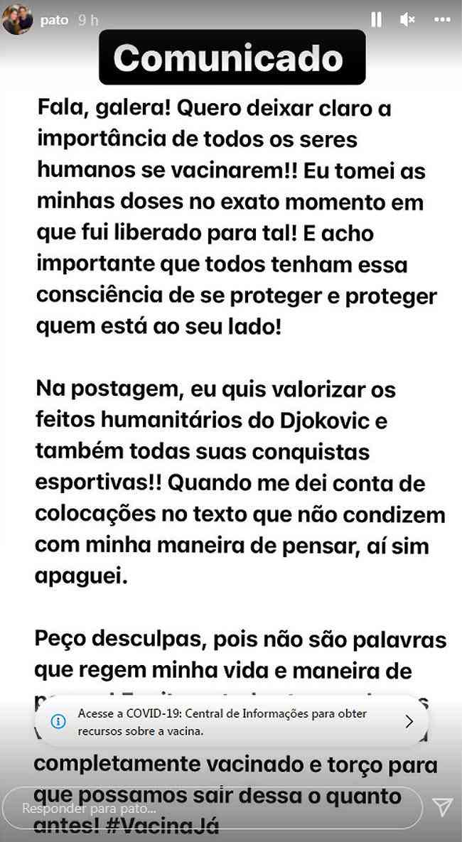 Alexandre Pato divulga comunicado no Instagram e defende a imunização