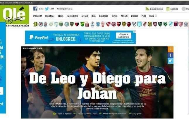 Ol (Argentina): 'De Leo e Diego, para Johan - Messi e Maradona se despediram de Cruyff atravs de suas contas em redes sociais'