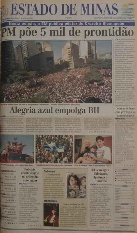 Páginas do jornal Estado de Minas em 21/06/1996, com cobertura da festa da torcida na chegada do time
