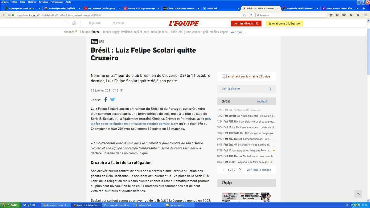 L'quipe, da Frana - Jornal lembra que Felipo ficou pouco tempo no comando do Cruzeiro