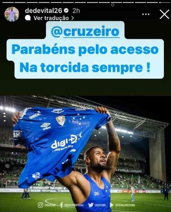 Postagem feita por Ded, ex-Cruzeiro, no Instagram, nesta quinta-feira (22)