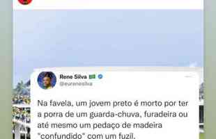 Ex-jogador de clubes como Atlético e Corinthians e atualmente parte da gestão do Cruzeiro, Elias condenou os atos e compartilhou postagem que faz reflexão sobre racismo.