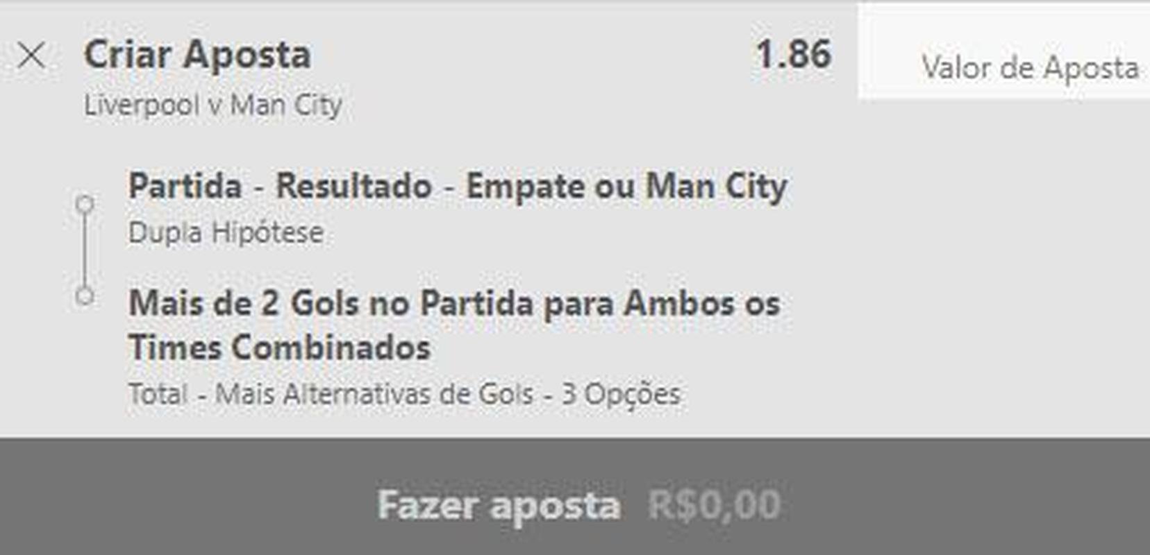 Manchester City ou empate contra o Liverpool e mais de dois gols no jogo (odd 1.86) - Duelo de dois dos melhores times da Premier League, mas o City vive fase melhor do que o Liverpool. Os encontros entre eles sempre so recheados de gols. Foram pelo menos quatro nos ltimos cinco jogos. O City tentar quebrar um jejum de quatro jogos contra o rival. Em nossa aposta, o time de Manchester pode empatar.