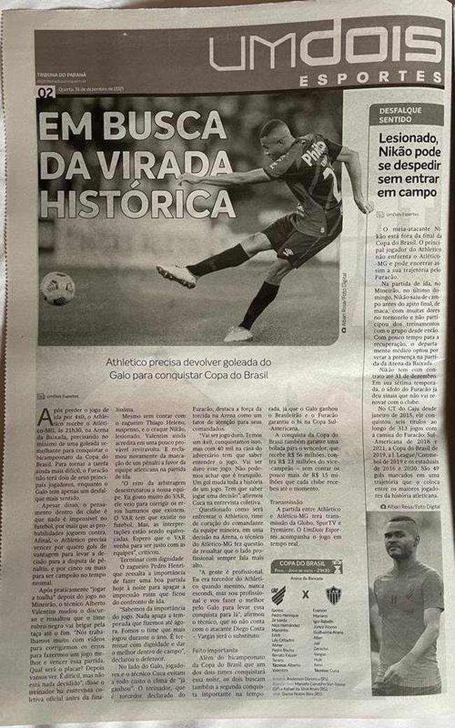 Um dois Esportes: jornal destaca que Niko pode se despedir sem entrar em campo