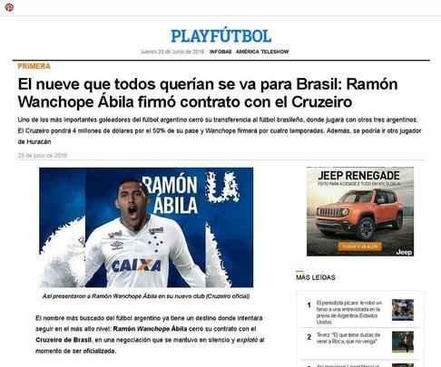 Playfútbol: 'O 9 que todos queriam vai para o Brasil: Ábila ficou contrato com o Cruzeiro'