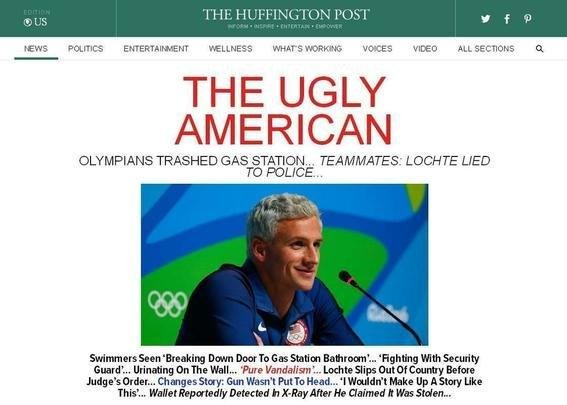 The Huffington Post (EUA): 'O feio americano', em referência à versão mentirosa de Ryan Lochte
