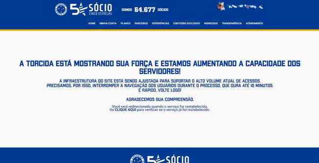 Ticket sales website for Cruzeiro x Criciúma showed slowness this Wednesday