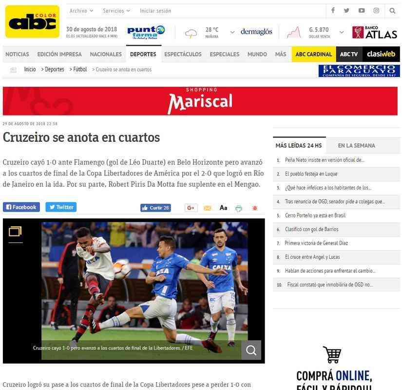 ABC Color, do Paraguai: 'Cruzeiro chega s quartas'