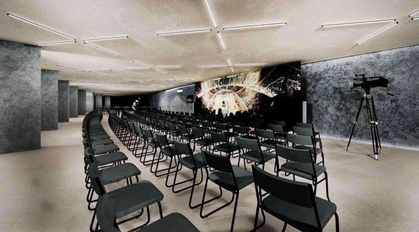 Alm de seguir como complexo esportivo, a rea do ginsio abrigar um restaurante com vista panormica, um shopping e um hotel. Na foto, Sala de Eventos.