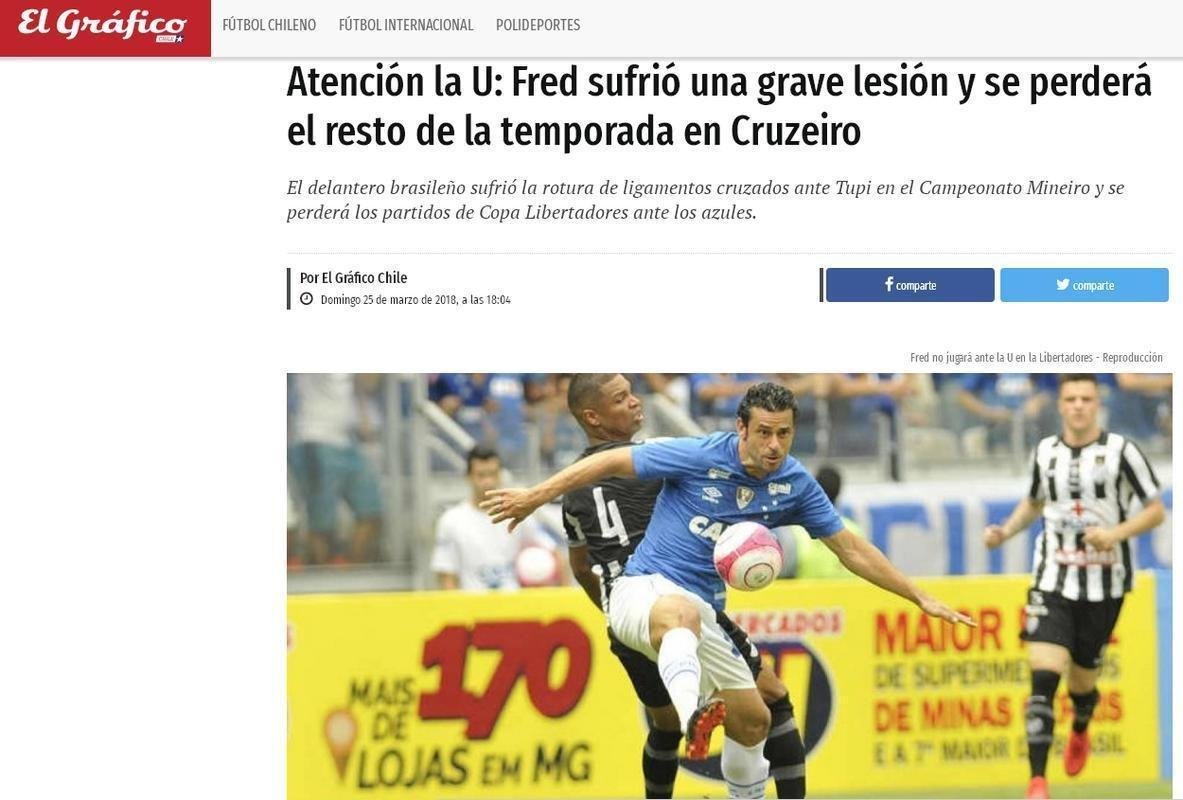 Grave leso de Fred ganhou destaque na imprensa internacional. El Grfico, do Chile