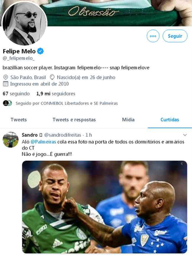 Felipe Melo curtiu postagem de torcedor do Palmeiras sobre esprito de guerra contra o Cruzeiro