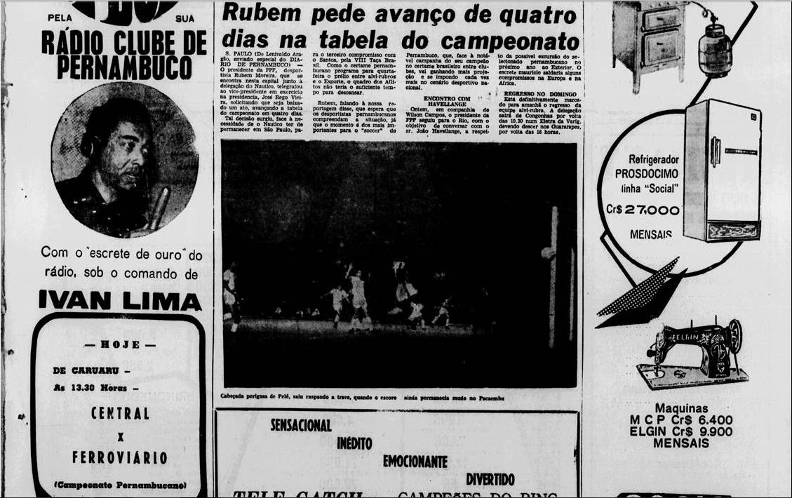 19/11 Santos 4 x 1 Náutico - O tira-teima, no entanto, não foi feliz para o Náutico. Com quatro gols de Toninho, o Timbu acabou eliminado na Taça Brasil. Já o Santos, perderia a decisão após cinco anos seguidos para o Cruzeiro - que foi batido pelo Náutico no ano seguinte.
