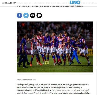 Jornal 'Uno' destaca feito histórico do Unión: é a primeira vez, nos 112 anos do clube, que os argentinos conseguem avançar de fase em uma competição internacional