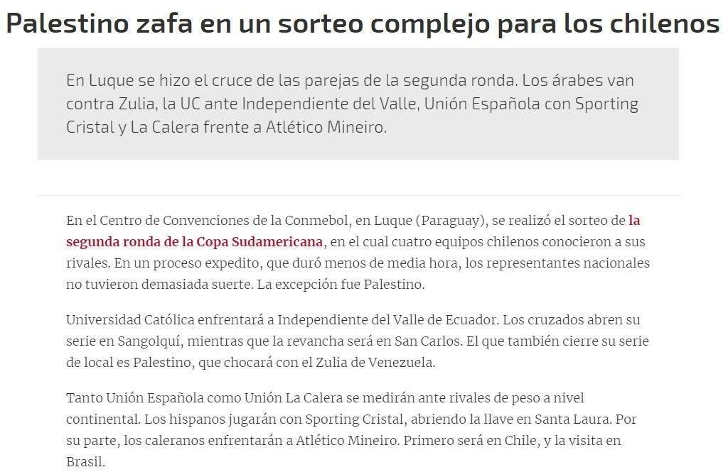 La Tercera: peridico frisa que o Unin La Calera-CHI enfrentar um 'rival de peso a nvel continental'.