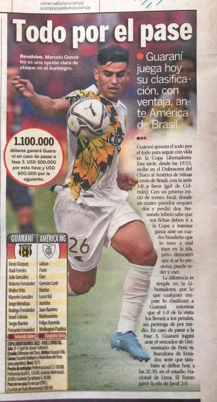 'Tudo pelo avanço'. O Ultima Hora destaca que o Guaraní 'aposta tudo' para seguir vivo na Copa Libertadores