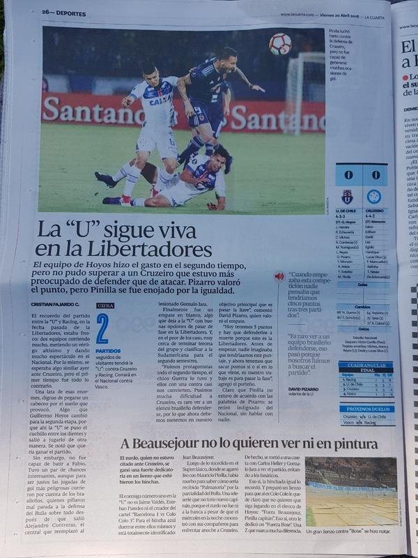 La Cuarta: 'La U segue viva na Libertadores. Equipe enfrentou um Cruzeiro mais preocupado a se defender do que atacar. Pizarro valorizou o ponto, mas Pinilla no gostou'