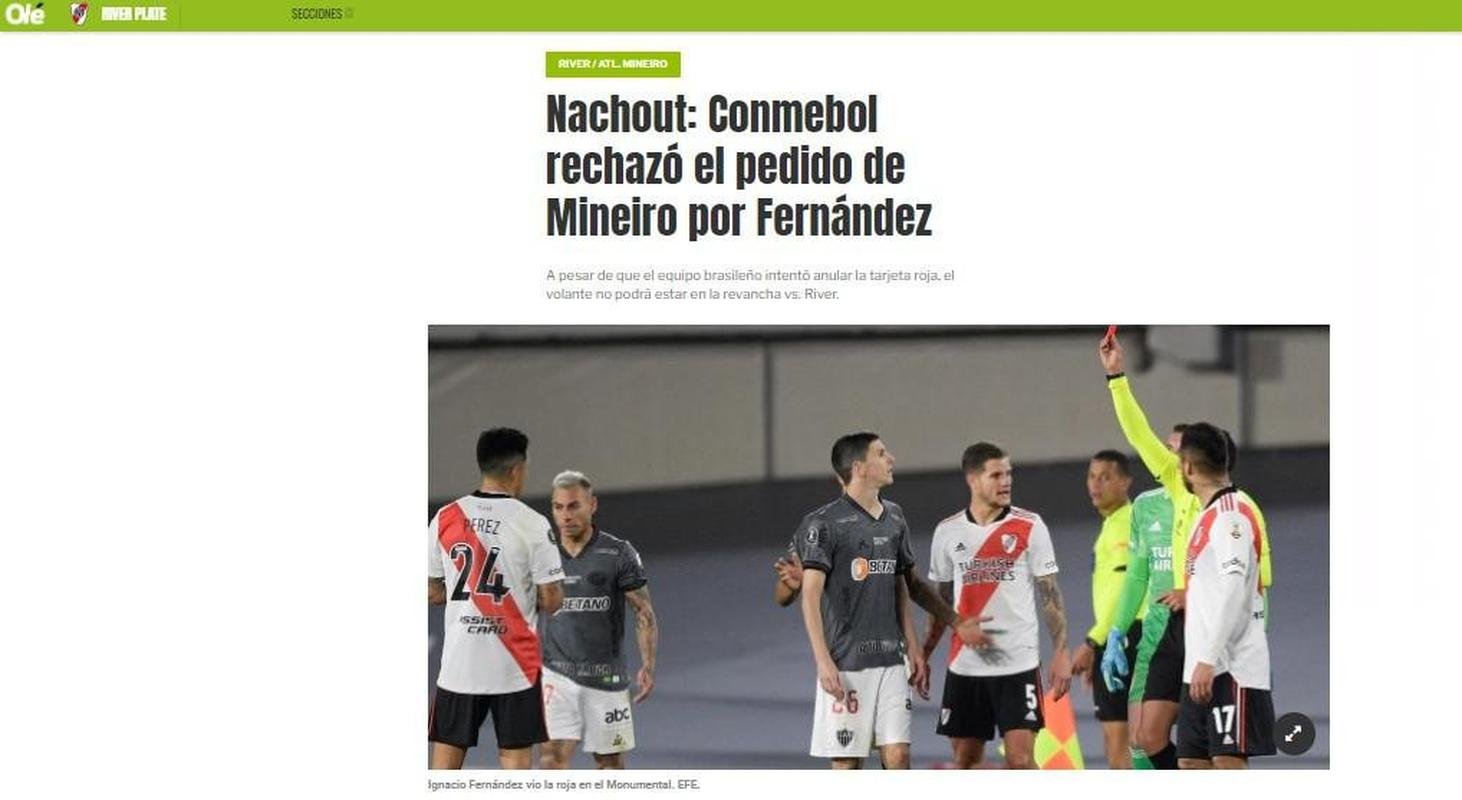 Ol: 'Nachout'; trocadilho que une as palavras Nacho e 'out' (no ingls, 'fora'); jornal destaca recusa da Conmebol ao pedido de anulao da expulso do meia argentino pelo Atltico