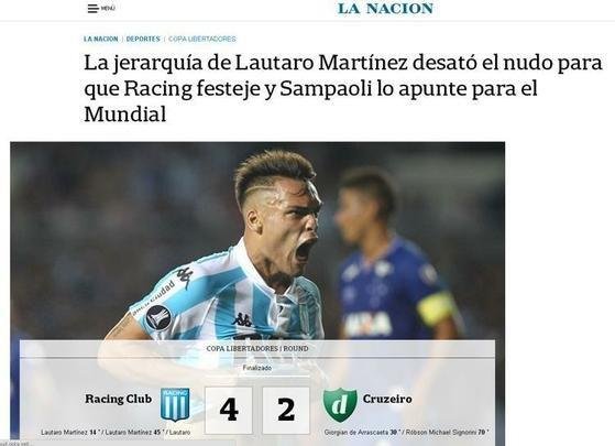 O jornal La Nación diz que Lautaro desatou um nó para que o Racing vencesse o Cruzeiro. Atacante foi observado in loco por Jorge Sampaoli, técnico da Seleção Argentina, e pode ganhar chance de ir à Copa da Rússia