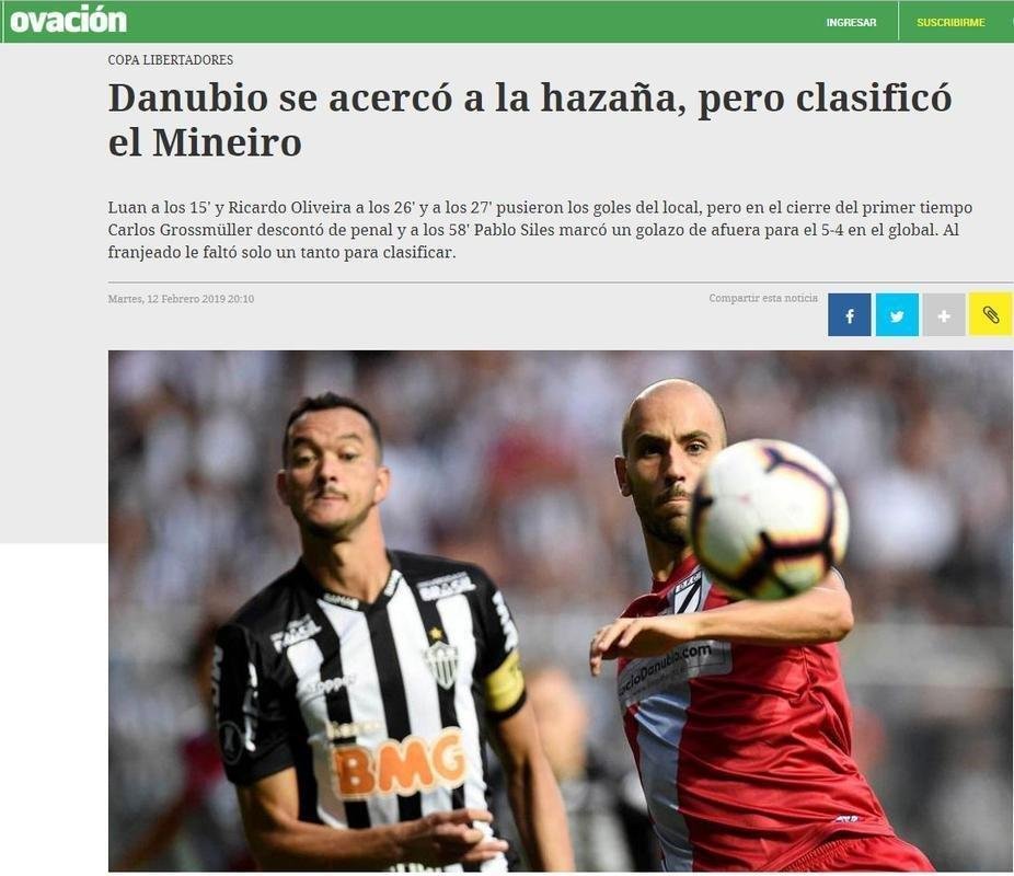 A seo de esportes do 'Montevideo.com' destacou que o Danubio deixou boa impresso, apesar da eliminao para o Atltico.