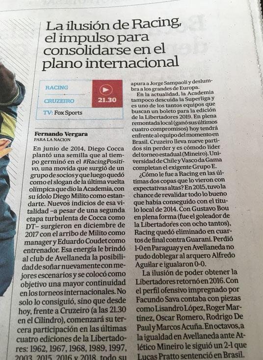 Imprensa argentina registrou estreia de Racing e Cruzeiro