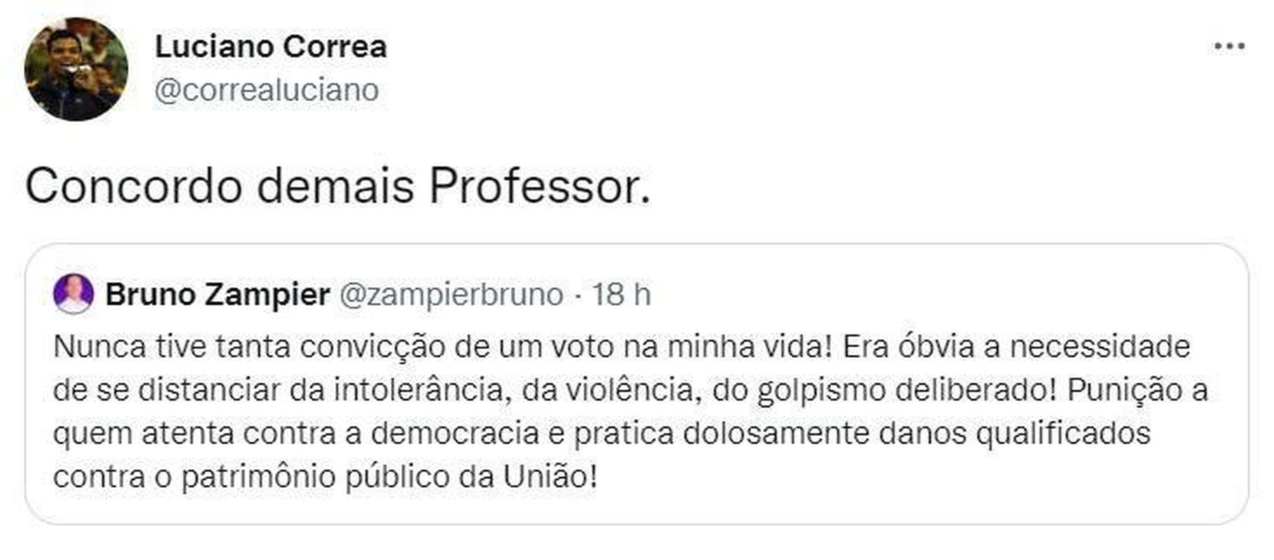 Campeo mundial de jud em 2007, Luciano Corra compartilhou postagem que critica o atentado contra a democracia.