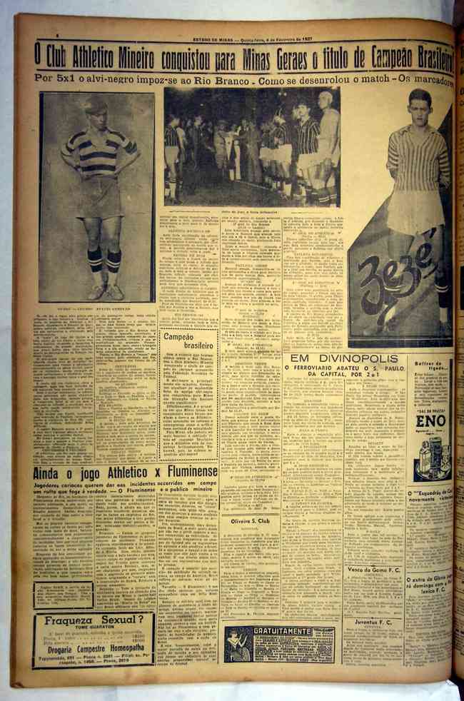 Manchete sobre a conquista atleticana publicada pelo jornal Estado de Minas em 1937

