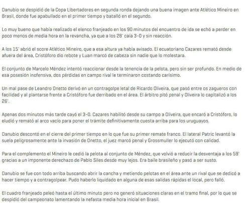 Ao longo do texto, o 'Montevideo.com' destacou que 'o baile brasileiro virou susto'. O Atltico chegou a abrir 3 a 0 no primeiro tempo, mas permitiu a reao rival, que chegou a fazer 3 a 2 - placar final da partida.