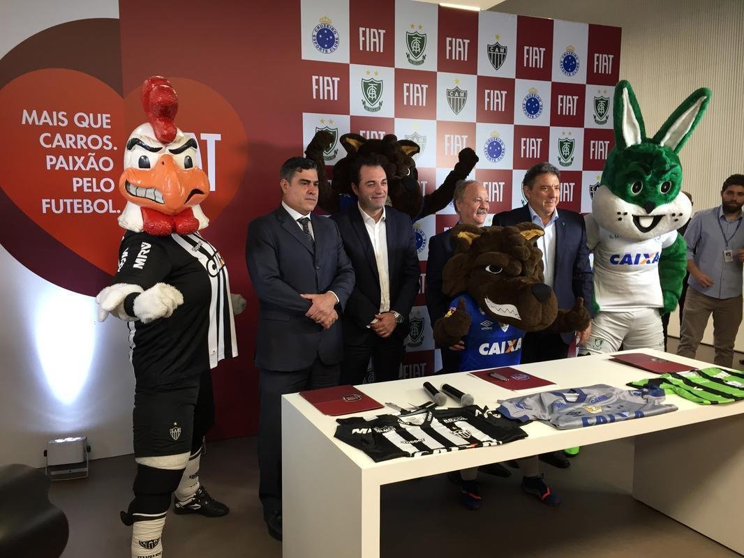 Presidentes e mascotes de Amrica, Atltico e Cruzeiro foram  fbrica da Fiat, em Betim, onde firmaram acordo comercial
